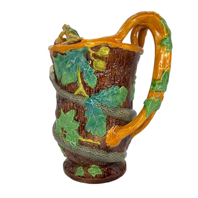 Brown Samuel Alcock Majolica Large Ewer With Snake and Frog on Lip, English, Ca. 1855 For Sale - Image 8 of 13