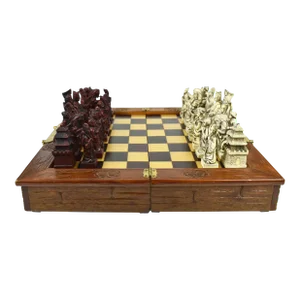 Mid 20th Century Chinese Asian Style Chess Set With Wood and Brass Foldable Board - 33 Pieces