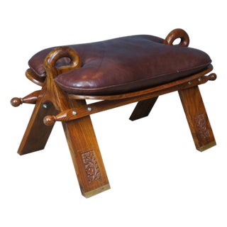 Mid 20th Century Moroccan Leather Saddle Camel Stool Foot Rest Ottoman Pouf Bench Seat For Sale