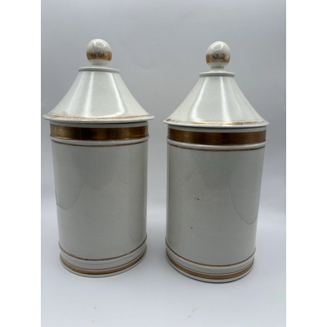 Late 19th Century Ceramic Lidded Apothecary Jars With Blue, White and Gold Details- Set of 2 For Sale - Image 4 of 11
