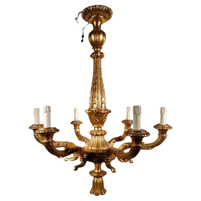 Italian Gilt Wood Chandelier, 1950s For Sale
