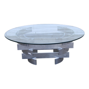 Late 20th Century Paul Mayen Style Aluminum Round Stacked Coffee Table W/ Glass Top