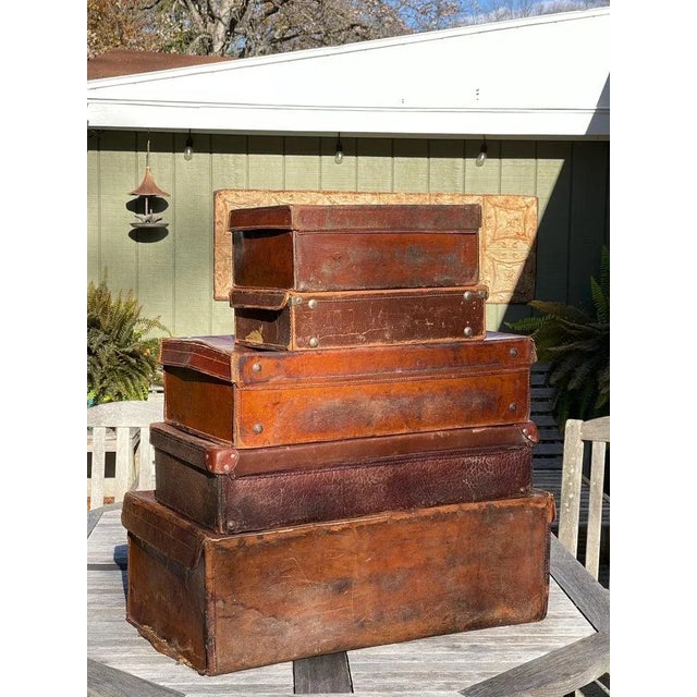 Stacked Set of Five Antique Leather Suitcases or Trunks For Sale - Image 18 of 18