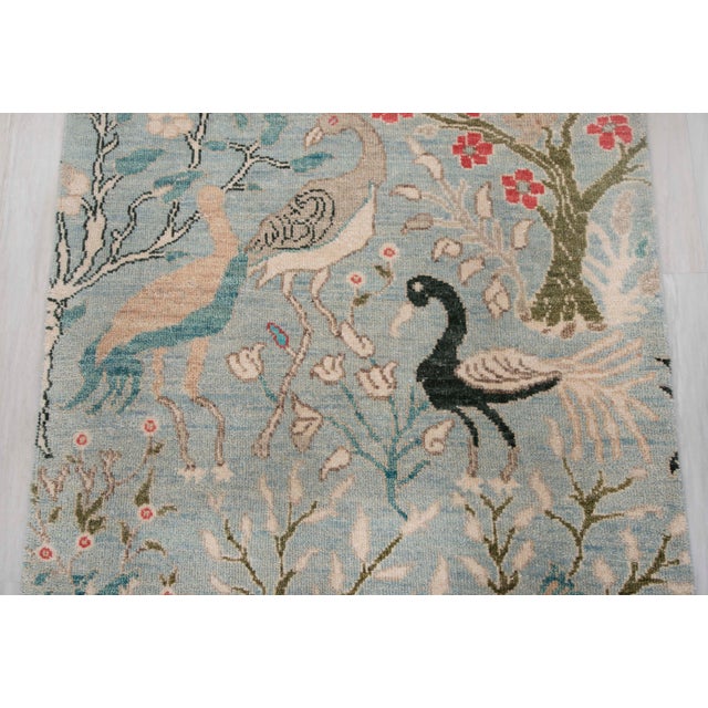 2.6x12ft. Light Blue Peacock Bird Garden Hand Knotted Wool Rug For Sale - Image 6 of 17