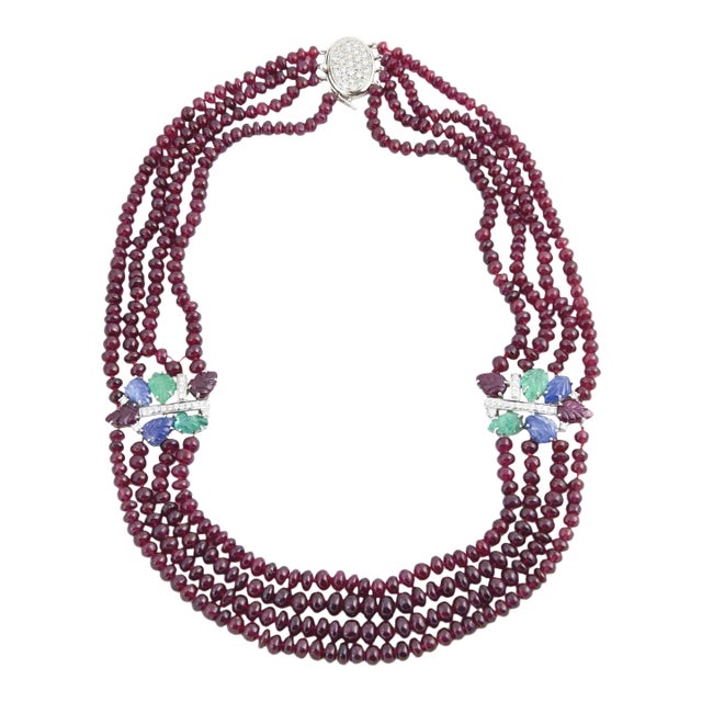 Ruby Bead Necklace With Tutti Fruitti Emerald Diamond Sapphire Ruby Gold Spacers For Sale