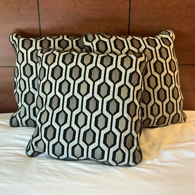 1980s Abstract Boho Chic Geometric Gray & Black Chenille Tapestry Style Pillows - Set of 3. For Sale - Image 4 of 10