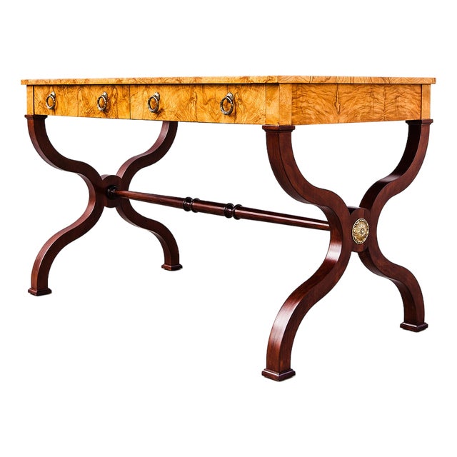 Restored Burl & Brass Vintage Regency Writing Desk by Baker For Sale