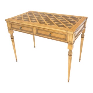 Carved Walnut Fine Marquetry Top Two Drawers Low Profile Desk Writing Table MINT For Sale