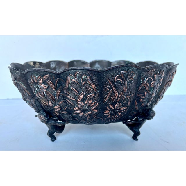 Vintage Scalloped Embossed Copper Jardiniere Footed Bowl For Sale - Image 15 of 18