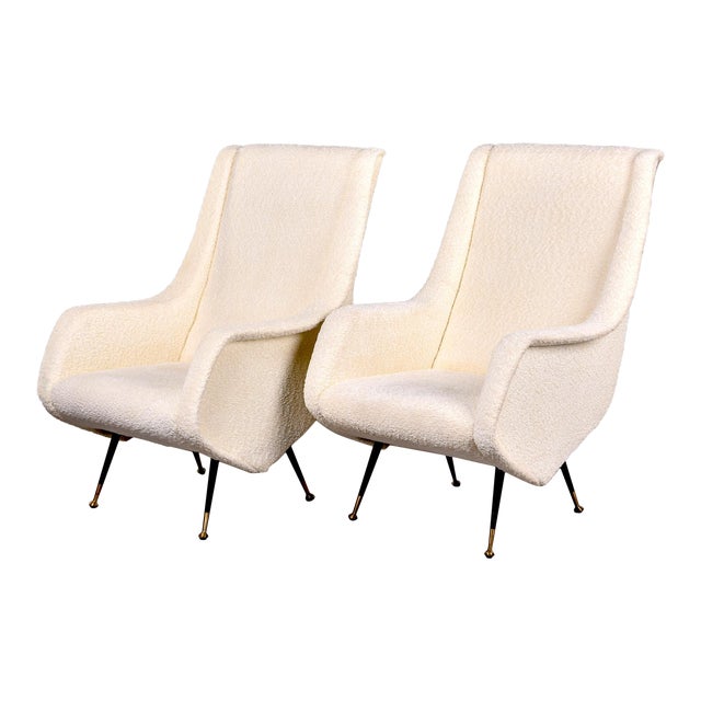 Italian Mid Century Chairs With Nubby White Fabric and Brass Tipped Legs - Pair For Sale