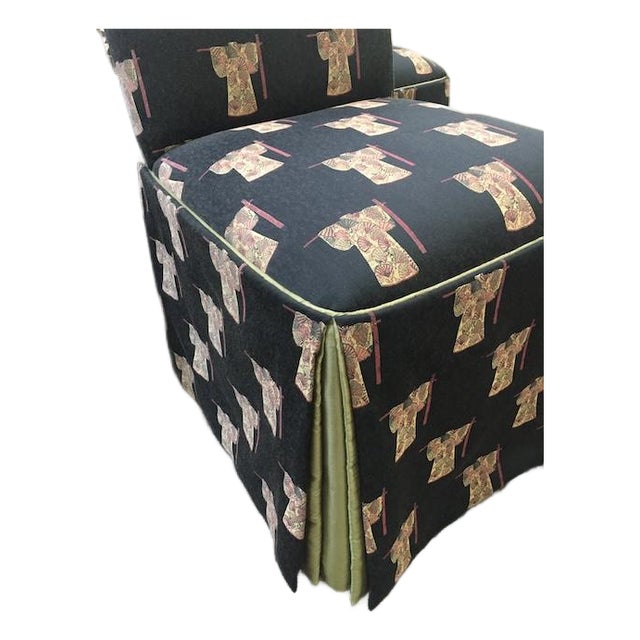 Parson Style Custom Chairs With Asian Upholstery, Skirted Bottom With Silk Inner Lining. For Sale