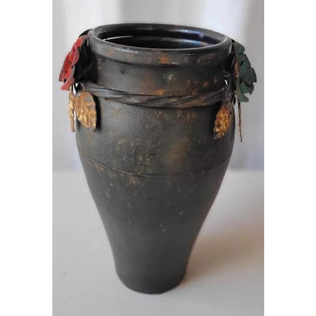 Rustic Vintage Rustic Metal Vase With Metal Painted Flowers For Sale - Image 3 of 10