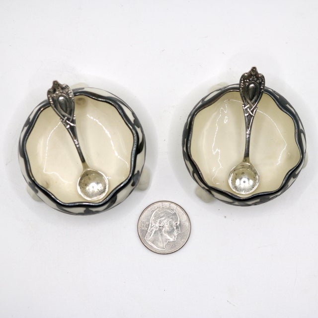 Antique Edwardian Lenox Porcelain & Lunt Sterling Silver Overlay Master Salt Cellars With "Monticello" Spoons - A Pair For Sale - Image 12 of 12