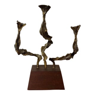 Vintage Brutalist Candelabra by Menachem Berman, Israel, Bronze and Walnut For Sale