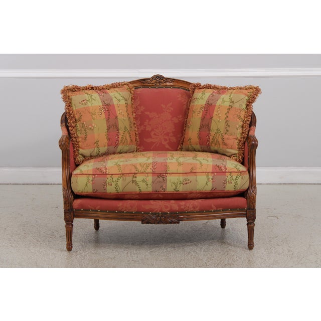 Vintage French Provincial Upholstered Love Seat Settee For Sale - Image 4 of 18