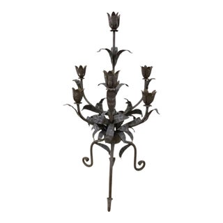 Vintage Wrought Iron Tulip Candelabra Floor Candle Holder 30” Tall Spanish Revival Hollywood Regency Iron Sculpture For Sale