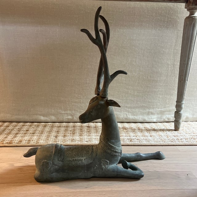 Rustic Vintage Patinated Brass Recumbent Deer Statue For Sale - Image 3 of 9