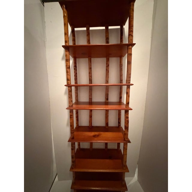 Tall & Narrow Rattan Bamboo Etagere Bookshelf With Iron Finials For Sale - Image 4 of 12