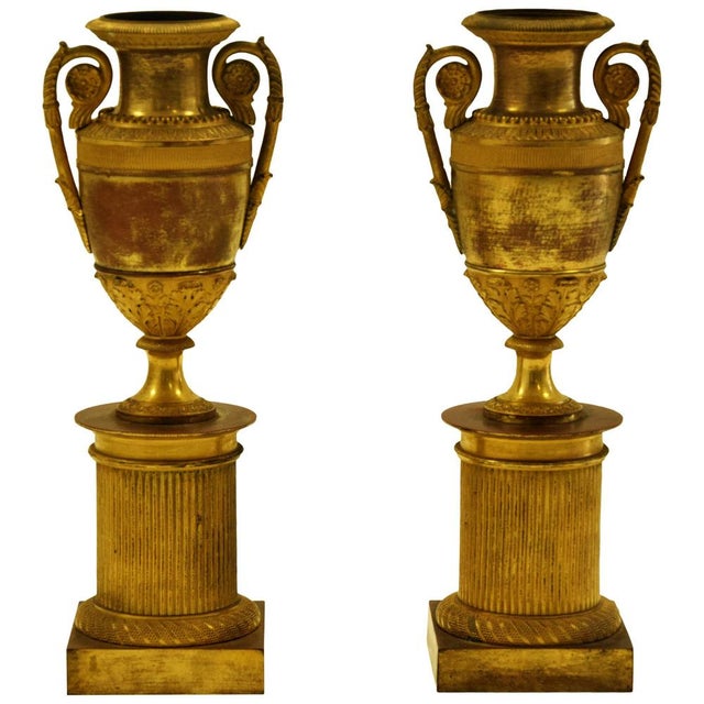19th Century Gilded Bronze Fluted Vases on Plinth, Italy, Set of 2 For Sale - Image 6 of 6