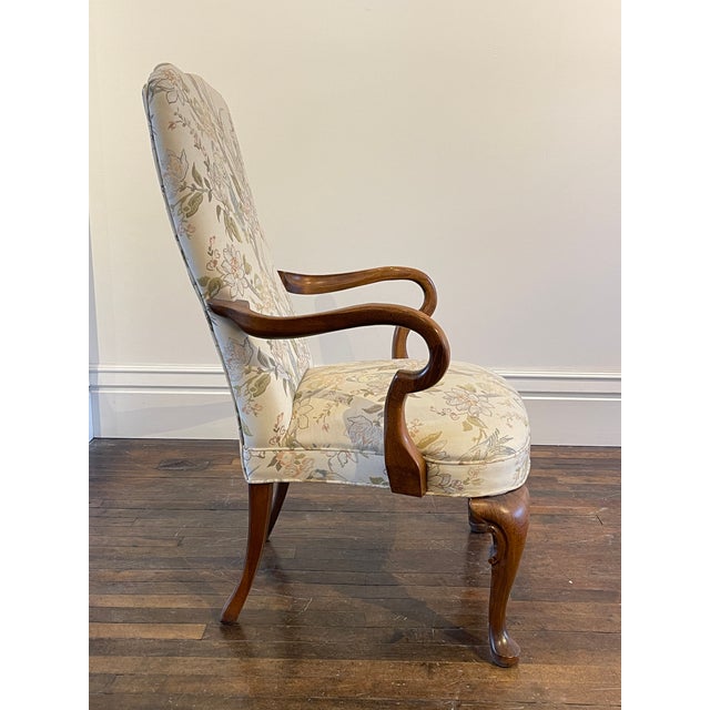 Queen Anne Gooseneck chair. Solid cherry, original cream upholstery in bird/floral motif in peach, blue and forest green....