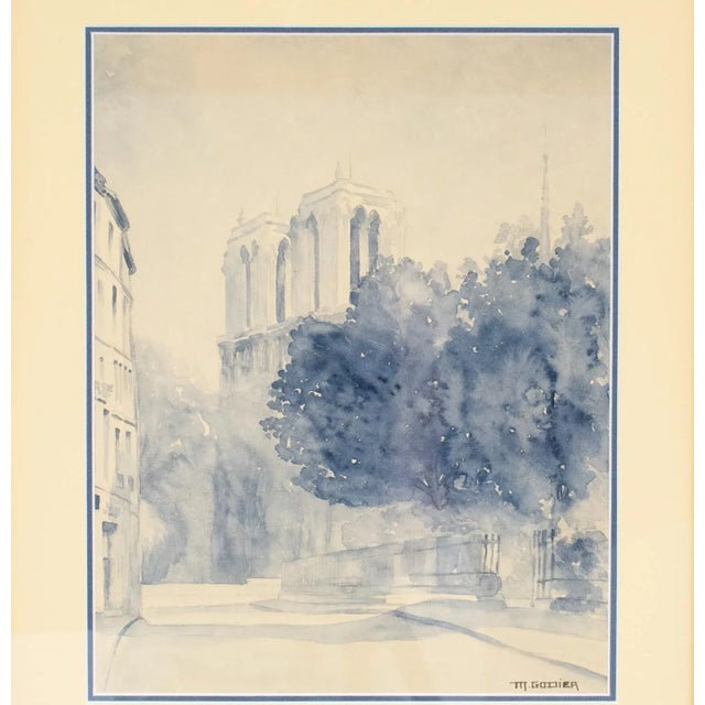 Notre Dame De Paris Cathedral Blue Watercolor Painting by M. Godier For Sale In Atlanta - Image 6 of 13