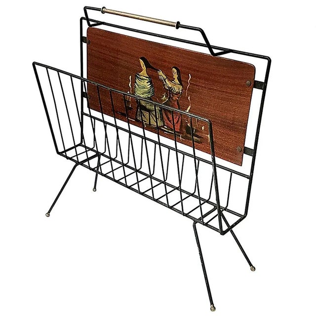 Metal Enameled Iron and Painted Wood Magazine Rack, 1950s For Sale - Image 7 of 7