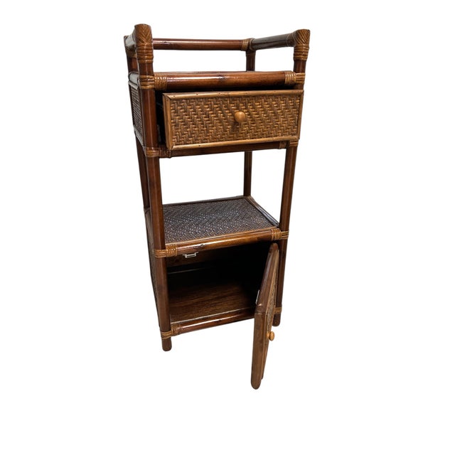 Cabin Vintage Rattan and Bamboo Two Tier, One Drawer, One Door Nightstand, Side / Drink Table Storage Cabinet For Sale - Image 3 of 7
