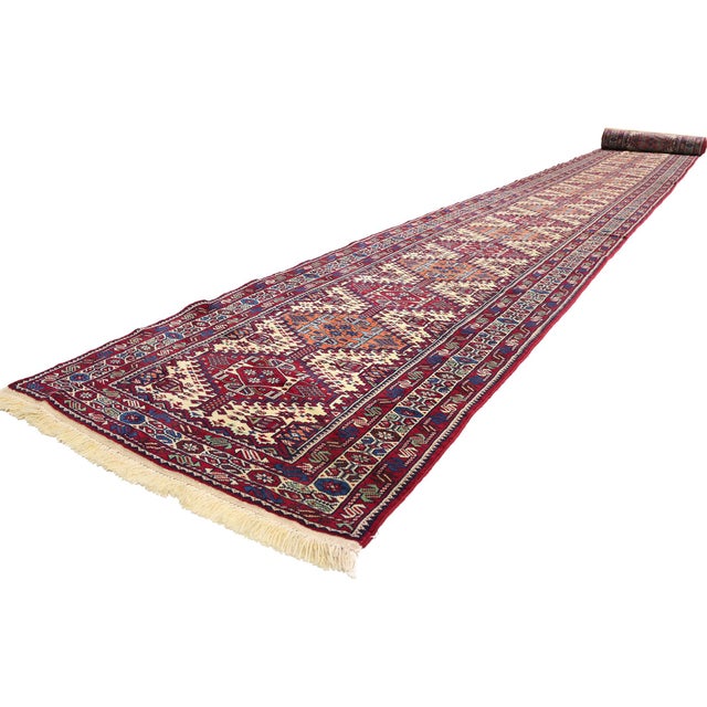 61497 Vintage Persian Shiraz Rug Runner, 02'11 x 28'06. The Crimson Nomad’s Emblem: A Persian Shiraz Masterwork of Tribal...