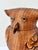 Vintage wicker owl basket with a removable head-shaped lid, layered wooden wings and a carved wooden beak. Round inset...