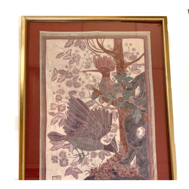 Asian Signed Asian Silk Woven Panel | Flycatcher Birds & Scholar's Rock | Chop Seal Signed | Custom Framed | 20th Century For Sale - Image 3 of 16