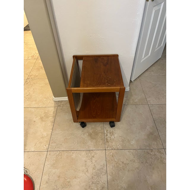 Brown Mid Century Modern 1970s Danish FBJ Mobler Teak Side Table With a Fabric Magazine Rack and Casters For Sale - Image 8 of 12