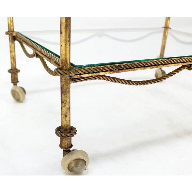 Charles Hollis Jones Midcentury Italian Gold Gilt Metal Rope and Tassels Glass Top Bar Tea Cart Wheel For Sale - Image 4 of 10