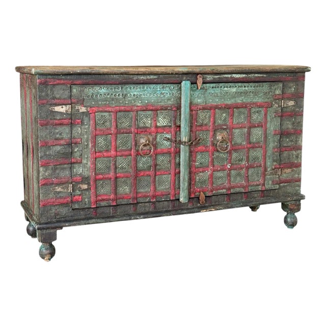 Early 20th Century-Anglo-Indian Painted Wood Cabinet With Iron Accents and Original Patina For Sale