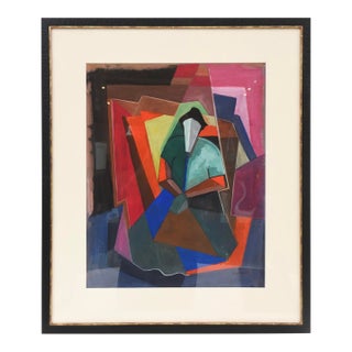 Vintage Cubist Abstract Watercolor Custom Framed One of a Kind, Signed For Sale