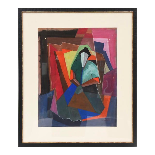 Vintage Signed Cubist Abstract Watercolor Custom Framed One of a Kind For Sale