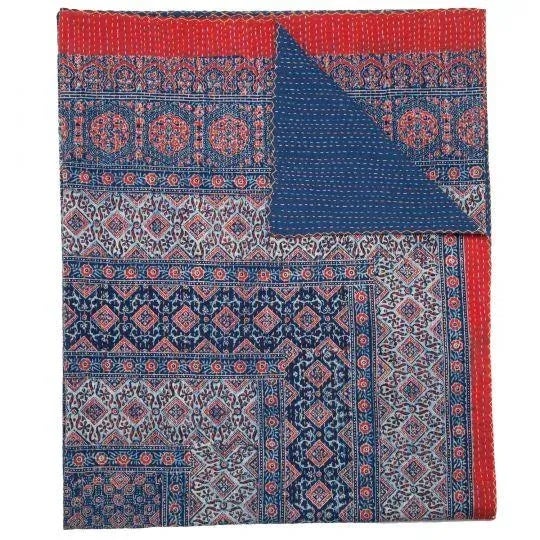 Contemporary Samara Twin Indigo/Deep Red Hand Stitched Quilt For Sale - Image 3 of 4