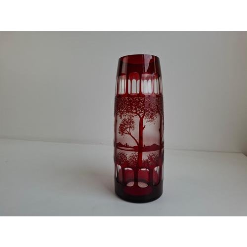 Art Deco Egermann ruby cut overlay glass vase produced in Czechoslovakia around 1920. The vase is made of layered ruby...