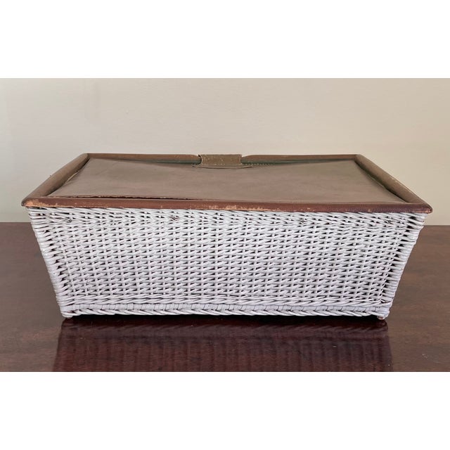 Wood Early 20th Century Mark Cross Leather and Wicker Basket Sewing Box With Silk Lining For Sale - Image 7 of 18
