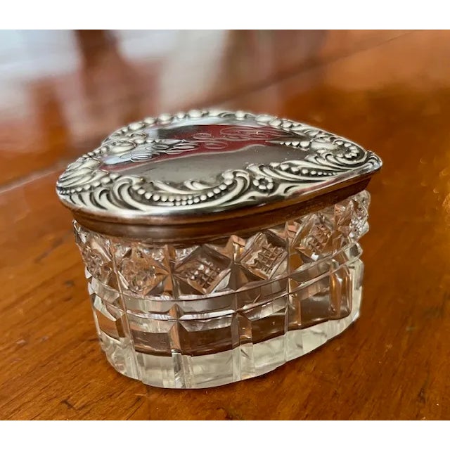 Victorian Late 19th Century Sterling Silver and Cut Crystal Heart Shaped Vanity Jar For Sale - Image 3 of 9