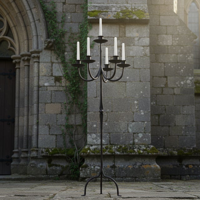 Rustic Hand Forged Iron Floor Candelabra 44.5″ (113cm) Antique Copper Patina 6-Arm Grand Cluster Candle Holder Decor For Sale - Image 3 of 7