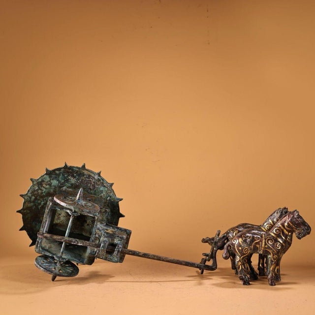 Large Vintage Bronze Chariot Sculpture - Asian Gold-Inlaid Horse & Carriage Statue With Inscriptions For Sale - Image 9 of 10