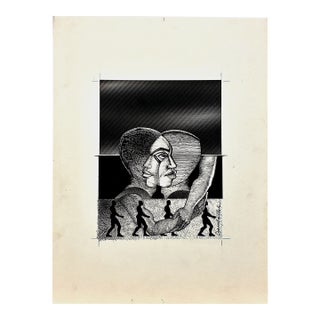 Two Men Embracing Pen and Ink Drawing by Damballah Dolphus Smith (1943–1992) For Sale
