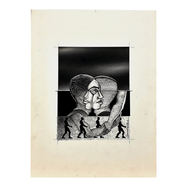 Two Men Embracing Pen and Ink Drawing by Damballah Dolphus Smith (1943–1992) For Sale