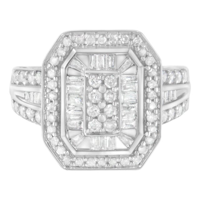.925 Sterling Silver Round and Baguette Diamond Cathedral Ring (0.75 Cttw, H-I Color, I2-I3 Clarity) - Size 6.5 For Sale