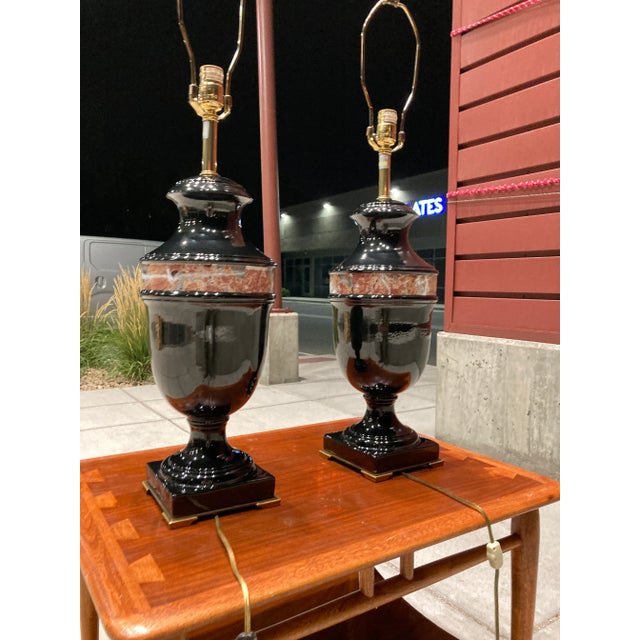 The Marbro Lamp Company Pair of Black Glazed Porcelain & Bronze Urn Table Lamps From Marbro For Sale - Image 4 of 13