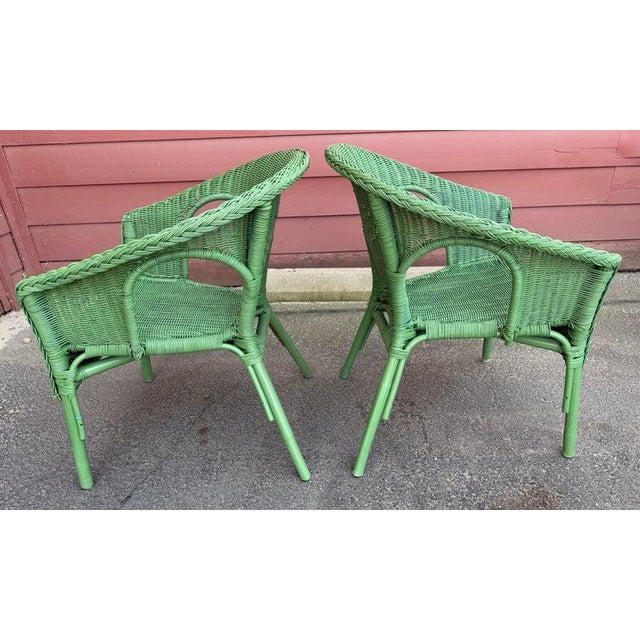 Folk Art 1940s Original Painted Mint Green Wicker Chairs -Pair For Sale - Image 3 of 8