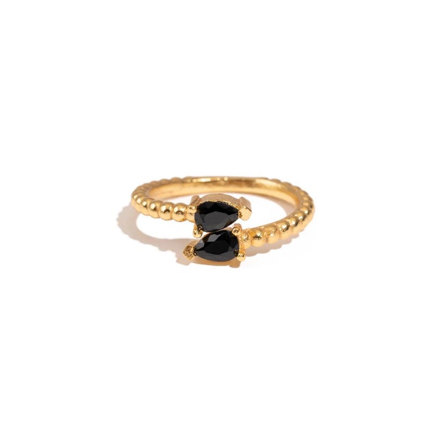 Black Onyx Teardrop Glow Gold Adjustable Ring, Size 8 For Sale - Image 9 of 10