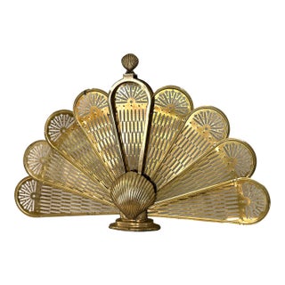 Vintage Brass Peacock Folding Fireplace Screen With Shell Motif For Sale