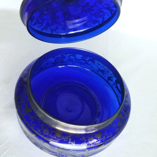 1920s 1920s Blue Glass and Silver Floral Overlay Bowl With Lid For Sale - Image 5 of 7