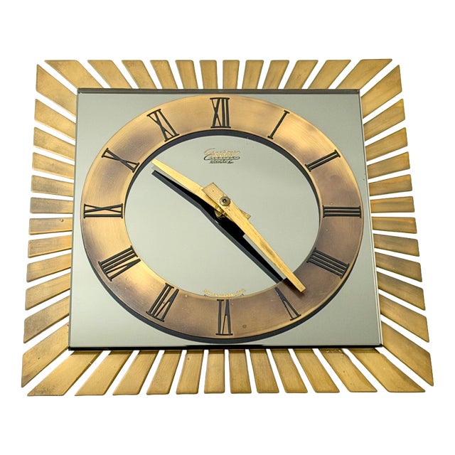 Mid-Century Modern Wall Clock in Brass and Glass from Casino Electric with Junghans Mechanism, 1960s For Sale